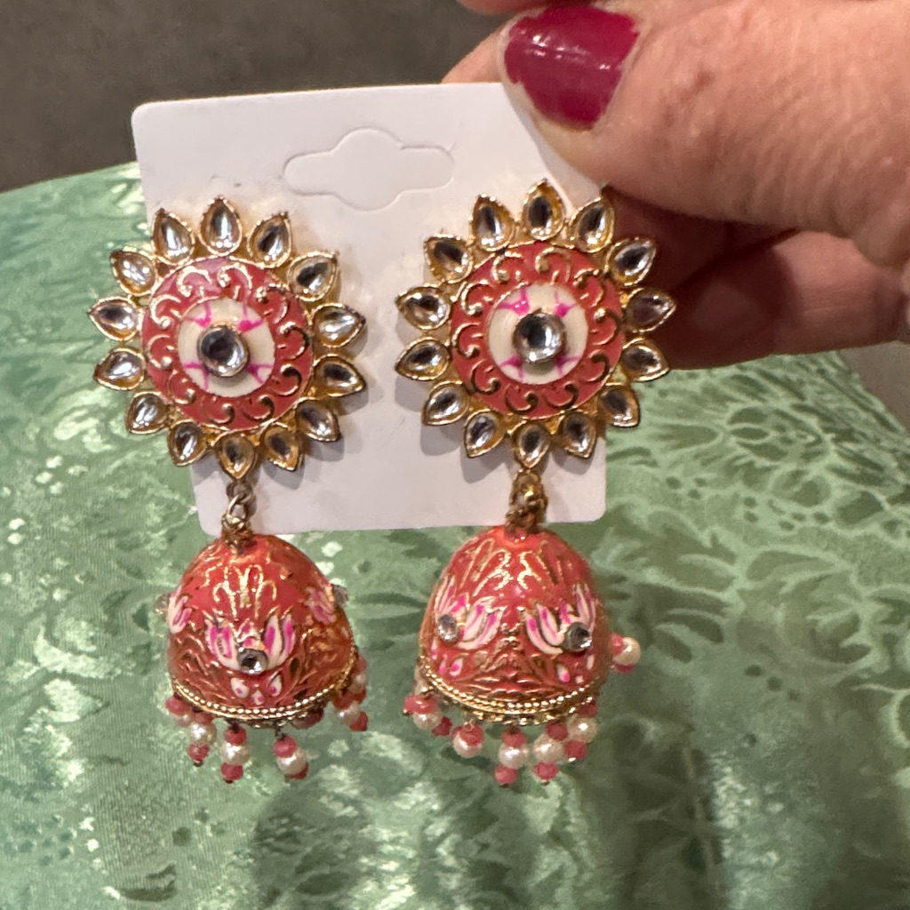 Women Gold And Pink Floral Earrings